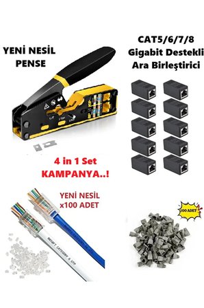 Yeni Nesil Cat5/6/7/8 Ez RJ45 8P8C Pense + 10 Adet Rj45 Birleştirici + 100 Adet Cover + 100 Adet Jak
