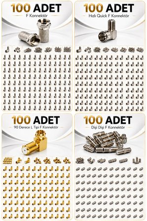 100 Adet F Konnektör Çeşitleri | 90 Derece Dirsek, Hızlı Tak Çalıştır Quick ve İki Tarafı Dişi F Konnektör Ara Adaptör | Televizyon ve Uydu Alıcısı Anten Bağlantı Ekipmanı