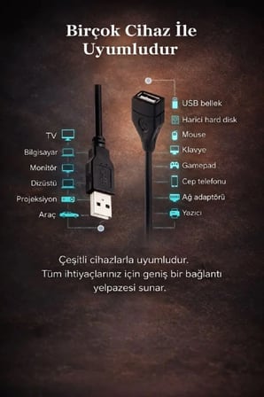 5 Metre Usb Uzatma Kablosu Usb Gerçek Usebe 2.0 Erkek-Dişi Uç Yüksek Hız High Speed Rate 5mt Ara Uzatma Kablosu