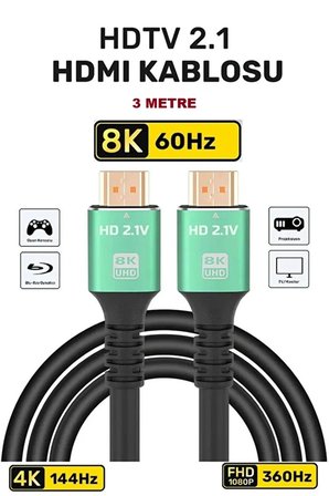 3 Metre 3mt 8K @144HZ Ultra Yüksek Hızlı 8k Hdmi 2.1 Kablo, 4k 144Hz Hdmi Kablosu 3m Hdtv Kablosu Yüksek Çözünürlük Hdmı Kablosu