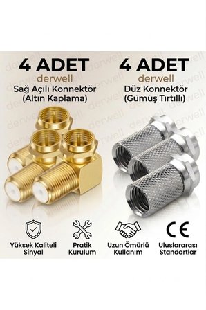 2in1 Premium Konnektör Seti - 4Adet Altın Uçlu Sağ Açılı Dirsek & 4 Adet Gümüş Tırtıklı F Konnektör - 4K/HD Uyumlu Kesintisiz Sinyal İletimi - Kolay Vidalı Montaj - Yüksek Dayanıklı Metalik Uydu Seti