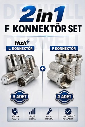 2in1 F Konnektör Seti - 4 Adet Hızlı L Dirsek Konnektör ve 4 Adet Standart F Konnektör Uydu Bağlantı Seti