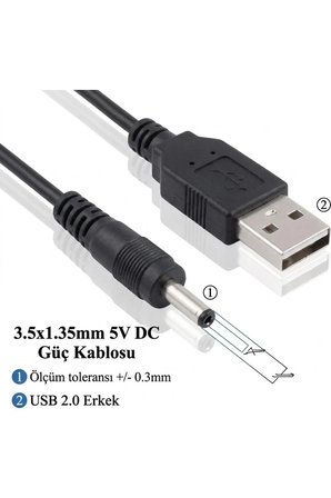 1 Metre 1mt USB Erkek to 3.5mm x 1.35mm Erkek DC Güç Adaptör Kablosu USB Radyo Diş Fırçası Fan Masa Lambası Şarj Kablosu Siyah