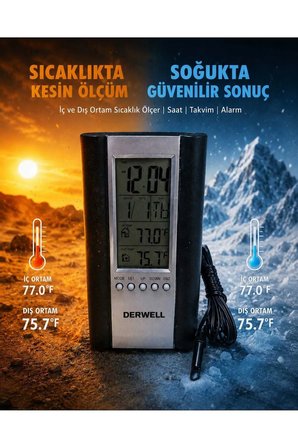 Yeni Dijital Göstergeli Termometre, Saat Alarm Ölçer 12/24 Saat Göstergeli Termometre Nem Ölçer Saat Alarm İç Dış Termometre