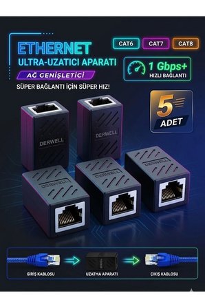 5 Adet Gigabit Destekli Rj45 Dişi Dişi Cat5e/cat6/7/8 Ethernet Internet Lan Ağı Birleştirici Ara Aparatı Hız Desteği: 10/100/1000 Mbps (Gigabit Ethernet) Birleştirici