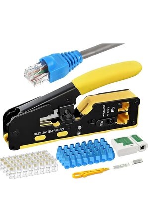 Yeni 2026 Nesil Cat7/Cat6A/Cat5/Cat6Ez Crimper Pense + 100 Adet Yeni Nesil Delikli Rj45 Jak + RJ45 RJ11 Test Cihazı + 100 Adet Gri Cover Kılıf + 1 Adet Kablo Soyucu Sarı Ethernet Aksesuarları