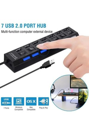 Yeni 2026 2in1 Set Güç Adaptörü 7 Port Usb Çoklayıcı 5 Volt - 2 Amper 3.5*1.35 Mm Uçlu Plastik Kasa Priz Tipi Adaptör (Android Box ) /7 Port USB Çoklayıcı 2.0 Hub Anahtarlı Aç/kapa Düğmeli Işıklı