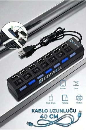 Yeni 2026 2in1 Set Güç Adaptörü 7 Port Usb Çoklayıcı 5 Volt - 2 Amper 3.5*1.35 Mm Uçlu Plastik Kasa Priz Tipi Adaptör (Android Box ) /7 Port USB Çoklayıcı 2.0 Hub Anahtarlı Aç/kapa Düğmeli Işıklı