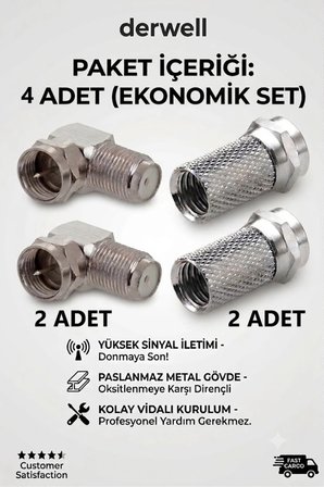 2in1 Paslanmaz Metal Uydu Bağlantı Seti - 2 Adet Vidalı L Dirsek ve 2 Adet F Konnektör Ekonomik Paket