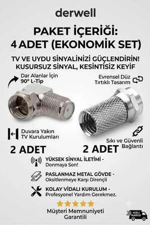2in1 Paslanmaz Metal Uydu Bağlantı Seti - 2 Adet Vidalı L Dirsek ve 2 Adet F Konnektör Ekonomik Paket