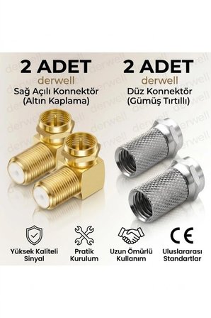4'lü Uydu Konnektör Seti: 2 Adet Altın Kaplama Sağ Açılı L Konnektör + 2 Adet Gümüş Tırtıklı F Konnektör - Yüksek Sinyal Kaliteli Vidalı Bağlantı Seti - Kolay Montaj - Uzun Ömürlü Dayanıklı Tasarım