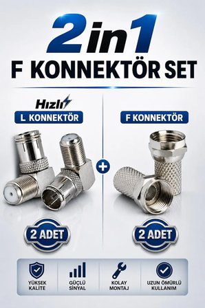 2in1 F Konnektör Seti - 2 Adet Hızlı L Dirsek Konnektör ve 2 Adet Standart F Konnektör Uydu Bağlantı Seti 4'lü Uydu Anten Kablo Bağlantı Seti
