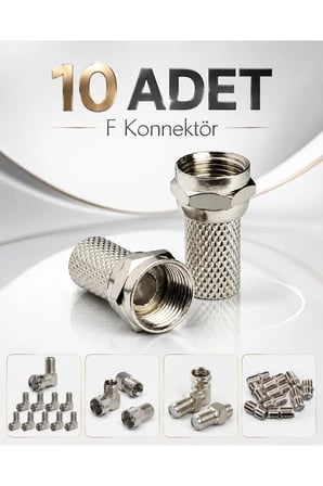 10'lu F Konnektör Seti | Standart, Hızlı Quick, 90 Derece L Tipi ve Dişi Dişi Ara Bağlantı Adaptörü | Uydu Anten TV Koaksiyel Kablo Sonlandırma ve Birleştirme Setleri