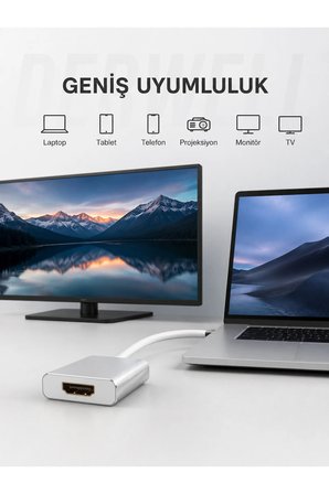 Type-C to HDMI Görüntü Ses Aktarıcı Dönüştürücü Adaptör | Telefon Tablet Laptop Televizyon Monitör Uyumlu Ekran Yansıtma Kablosu | Yüksek Kolay Bağlantı Sunan Metal Gri Çevirici Aparat
