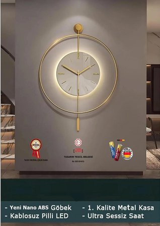 Duvar saati ledli Işıklı Çelik çember cam göbek gold