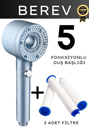 5 Fonksiyonlu Filtreli Duş Başlığı Yüksek Basınçlı 3 Adet Filtre