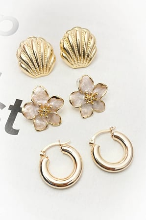 3 Çift Küpe Çiçek, Halka, Deniz Kabuğu İstiridye Set Küpe