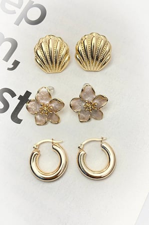 3 Çift Küpe Çiçek, Halka, Deniz Kabuğu İstiridye Set Küpe