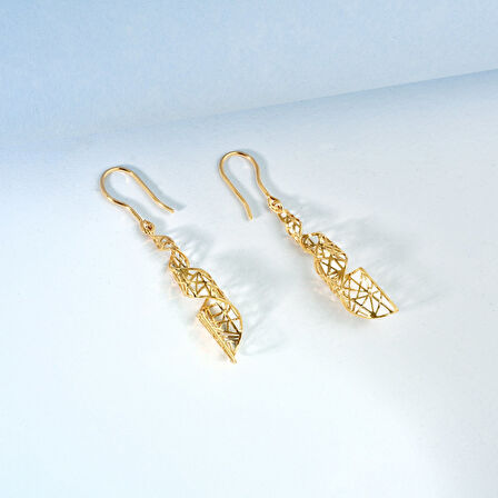 925 Ayar Gümüş Altın Kaplama Modern Geometrik 3D Tasarım Sallantılı Küpe - E00295