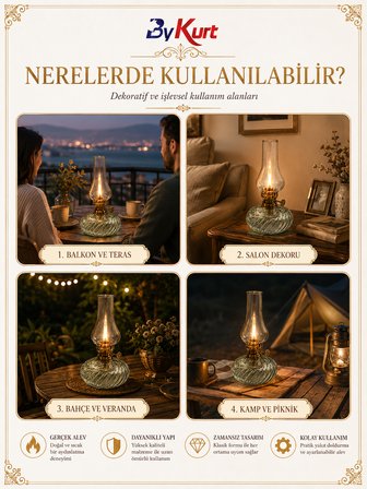 Gaz Lambası Cam Hazneli Dekoratif Nostaljik Kamp Piknik Bahçe Balkon Masa Üstü Aydınlatma