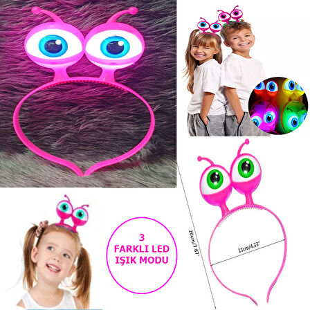 Led Işıklı Pilli 3 Farklı Modda Yanan Uzaylı Göz Parti Tacı Pembe Renk 18x12 cm