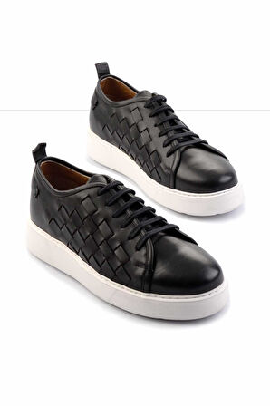 Siyah Örgü Hakiki Deri Erkek Sneaker E01310111741