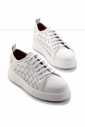 Beyaz Örgü Hakiki Deri Erkek Sneaker E01310111741