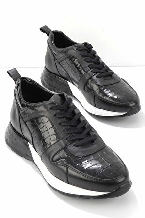Siyah Siyah Kroko Hakiki Deri Erkek Sneaker E01310101203
