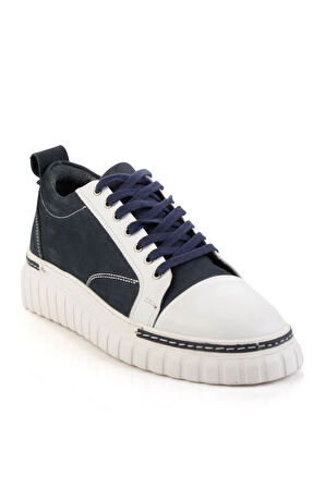 Beyaz Lacivert Hakiki Deri Erkek Sneaker E01401087103