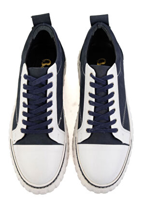 Beyaz Lacivert Hakiki Deri Erkek Sneaker E01401087103