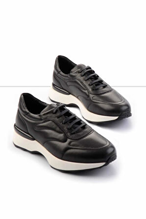 Siyah Baskılı Hakiki Deri Erkek Sneaker E01757167403