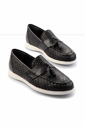 Siyah Örgü Hakiki Deri Erkek Loafer Ayakkabı E01798105216