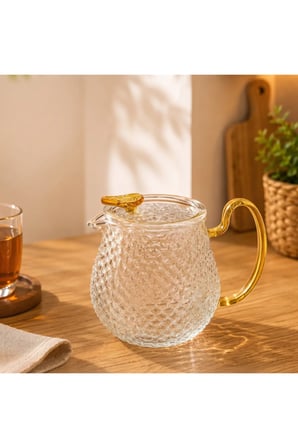 2 Adet Şık Tasarımlı Cam Demlik – 550 ML Borosilikat Cam, Altın Sarısı Kulplu Dokulu Glass Teapot, Çay Ve Bitki Çayı Demliği