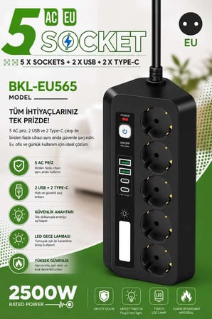 5’li Akım Korumalı Priz 2500w | 2 Usb + 2 Type-c Hızlı Şarj | Led Gece Lambalı | Dokunmatik Siyah