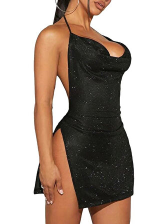 La Pure Simli Siyah Askılı Mini Elbise – Gece Şıklığını Yansıtan Işıltılı Tasarım ✨