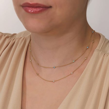 Taşlı Model Çift Zincir Altın Kolye