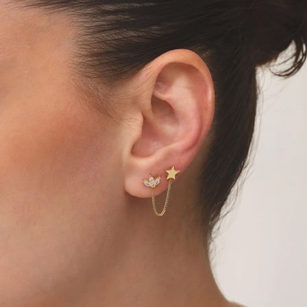 Taşlı Yıldız Model Altın Tekli Küpe