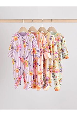%100 Pamuklu Pembe Çiçek Desenli 4'lü Tulum Set