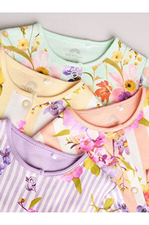 %100 Pamuklu Pembe Çiçek Desenli 4'lü Tulum Set