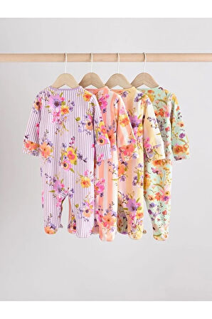 %100 Pamuklu Pembe Çiçek Desenli 4'lü Tulum Set