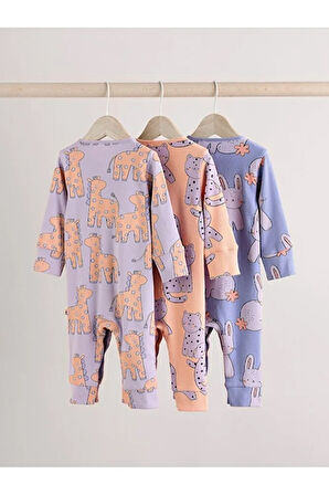 %100 Pamuklu Leylak Moru Hayvan Desenli 3'lü Tulum Set