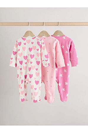 N  %100 Pamuklu Pembe Kalp Desenli 3'lü Tulum Set