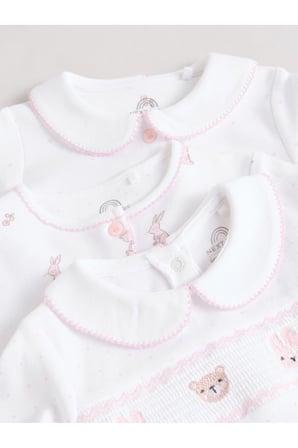 Next Baby % 100 Pamuklu Krem Pembe Tavşan Desenli Nakışlı 3'lü Tulum Set