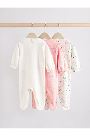 Next Baby %100 Pamuklu Pembe Fare Desenli Bebe Yaka 3'lü Tulum Set