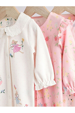 Next Baby %100 Pamuklu Pembe Fare Desenli Bebe Yaka 3'lü Tulum Set