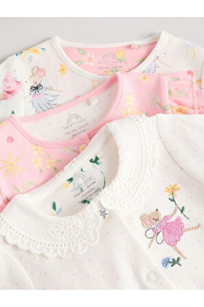 Next Baby %100 Pamuklu Pembe Fare Desenli Bebe Yaka 3'lü Tulum Set