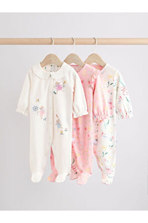Next Baby %100 Pamuklu Pembe Fare Desenli Bebe Yaka 3'lü Tulum Set