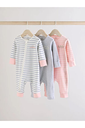 Next Baby %100 Pamuklu Pembe Gri Çizgili Ayaksız 3'lü Tulum Set