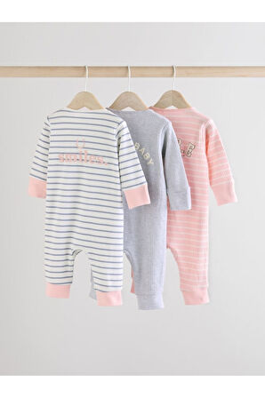 Next Baby %100 Pamuklu Pembe Gri Çizgili Ayaksız 3'lü Tulum Set