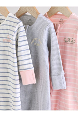 Next Baby %100 Pamuklu Pembe Gri Çizgili Ayaksız 3'lü Tulum Set
